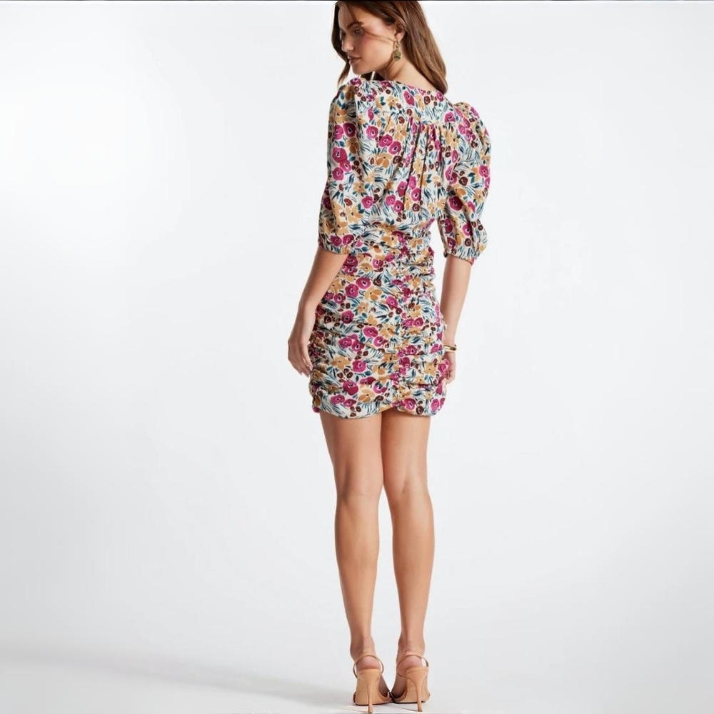 Nwt Bishop + Young Carly Ruched Floral Mini Dress S Puff Sleeve Bodycon - Picture 5 of 15